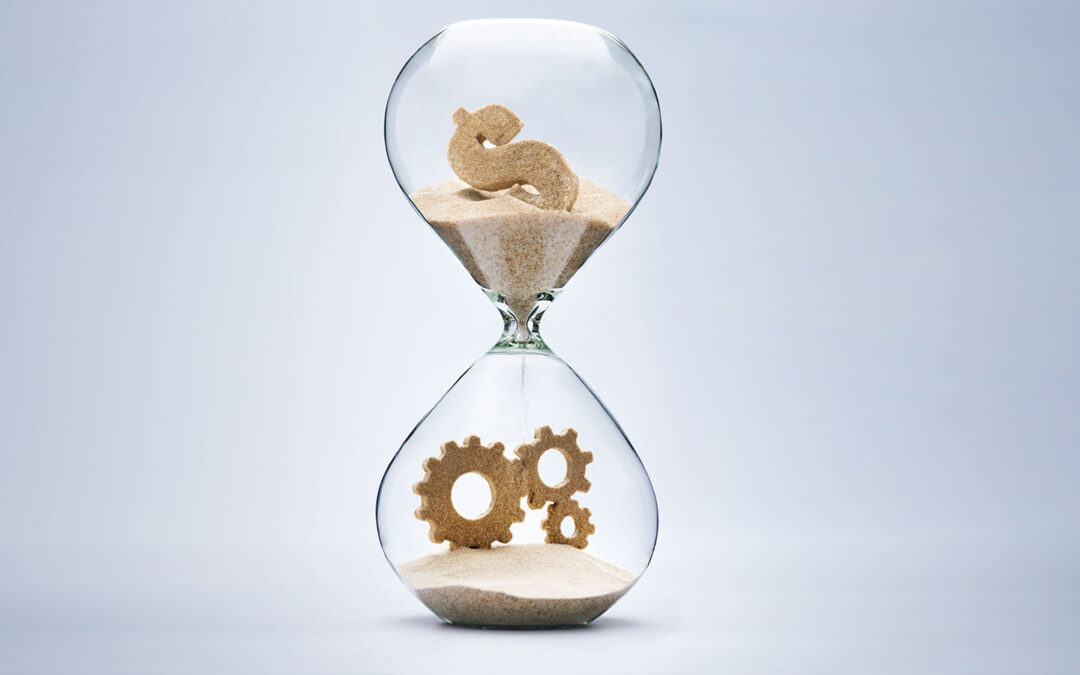 Hourglass with sand as dollar sign and gears.