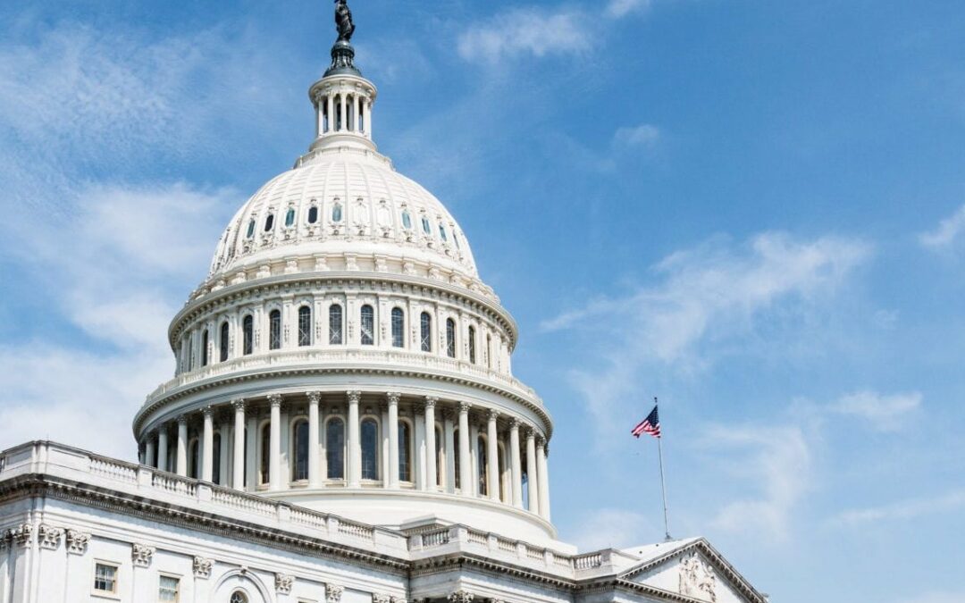 Picture of US Capitol Dome against a blue sky with American flag flying