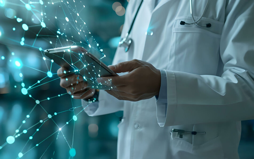 Doctors with tablet and abstract web of teal graph nodes