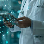 Doctors with tablet and abstract web of teal graph nodes