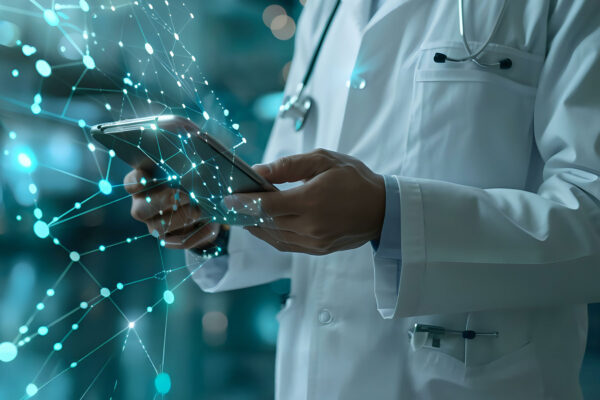 Doctors with tablet and abstract web of teal graph nodes